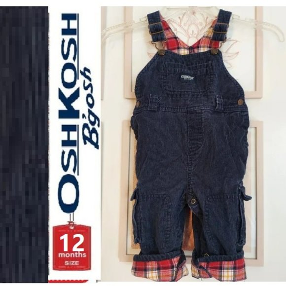 🎁$5/$25- corduroy overall with plaid lining,  12 months, navy blue - Picture 1 of 7
